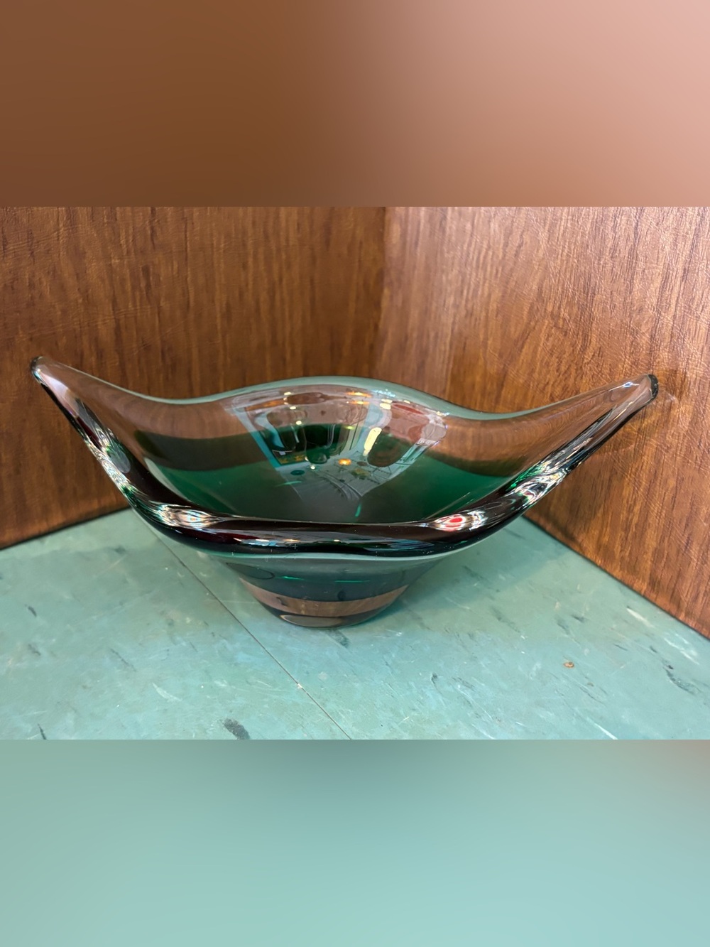 Vintage art glass dish bowl oblong green clear